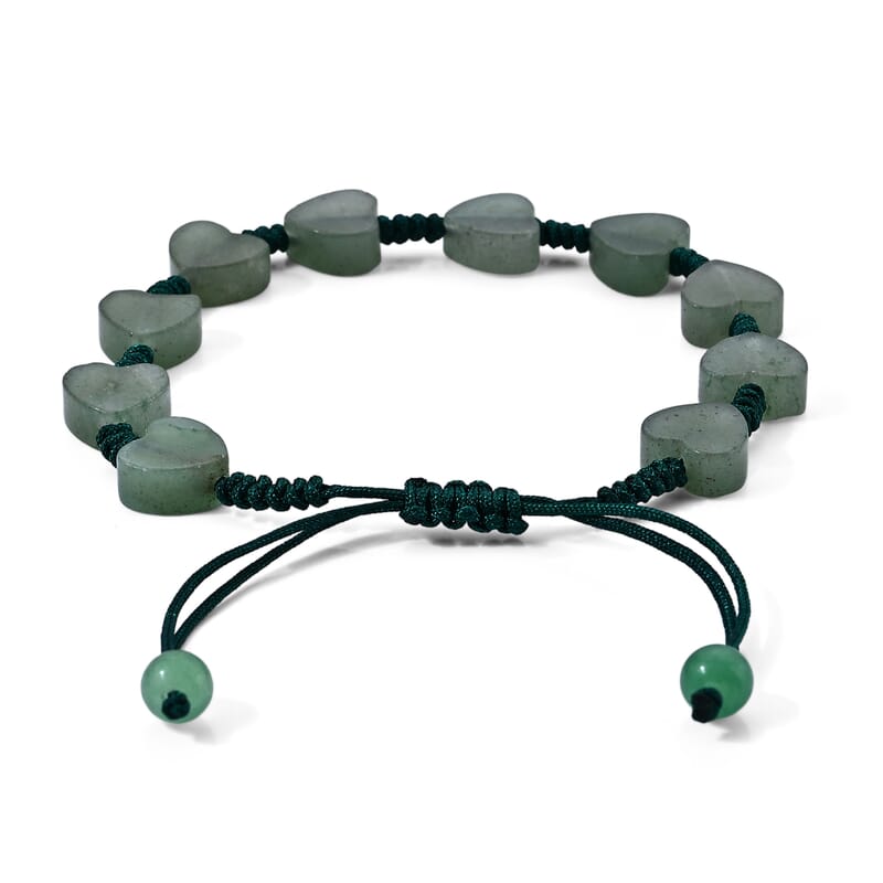 Green Aventurine 35.00 ctw Cotton Cord Beaded Heart Bracelet (6-9In)