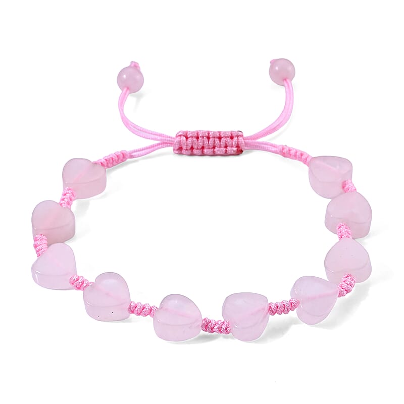 Rose Quartz 35.00 ctw Cotton Cord Beaded Heart Bracelet (6-9In)