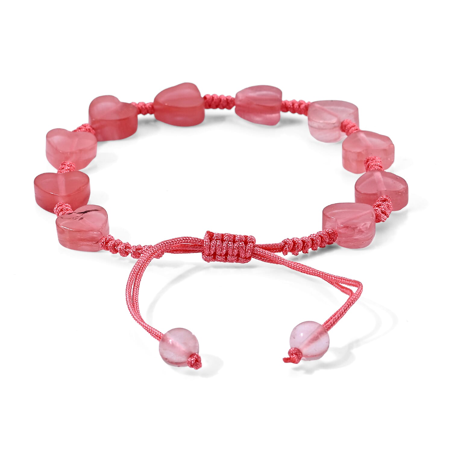 Strawberry Quartz 35.00 ctw Cotton Cord Beaded Heart Bracelet (6-9In)