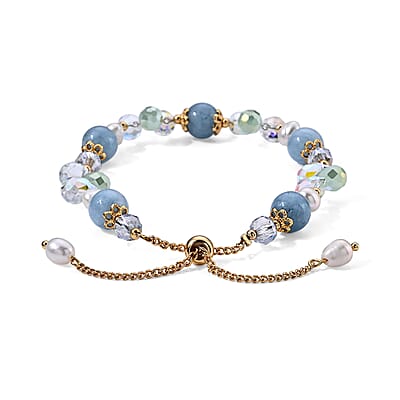 Aquamarine 15.00 ctw and Freshwater Pearl Bracelet in Goldtone (6.00-9.00In)