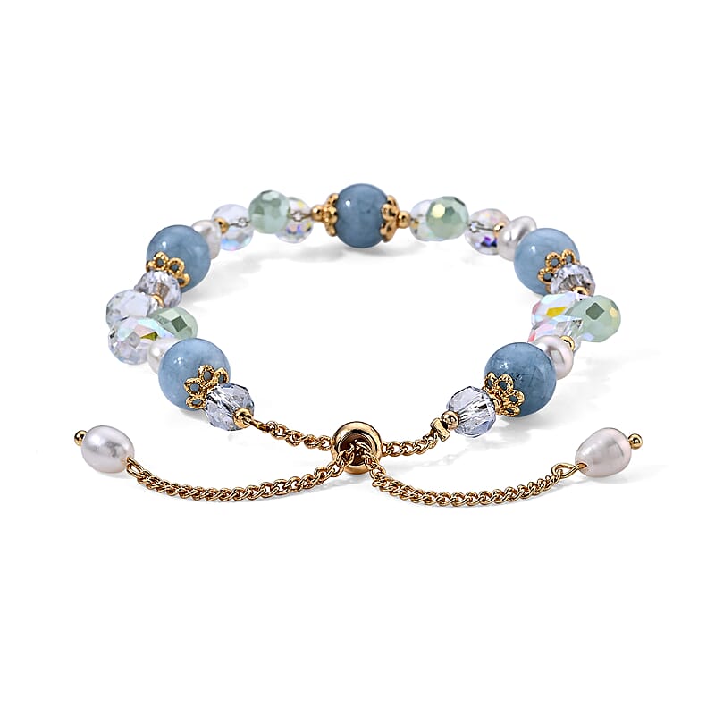 Aquamarine 15.00 ctw and Freshwater Pearl Bracelet in Goldtone (6.00-9.00In)