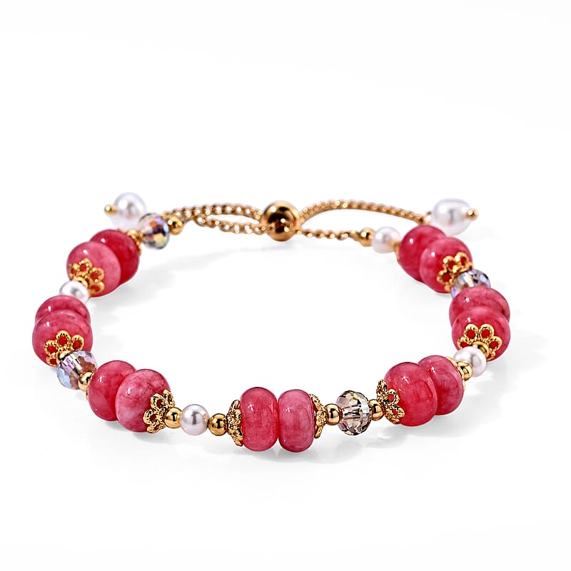 Strawberry Quartz 40.00 ctw and Freshwater Pearl Bracelet in Goldtone (6.00-9.00In)