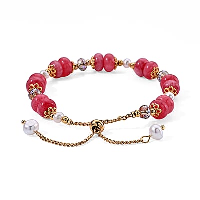 Strawberry Quartz 40.00 ctw and Freshwater Pearl Bracelet in Goldtone (6.00-9.00In)
