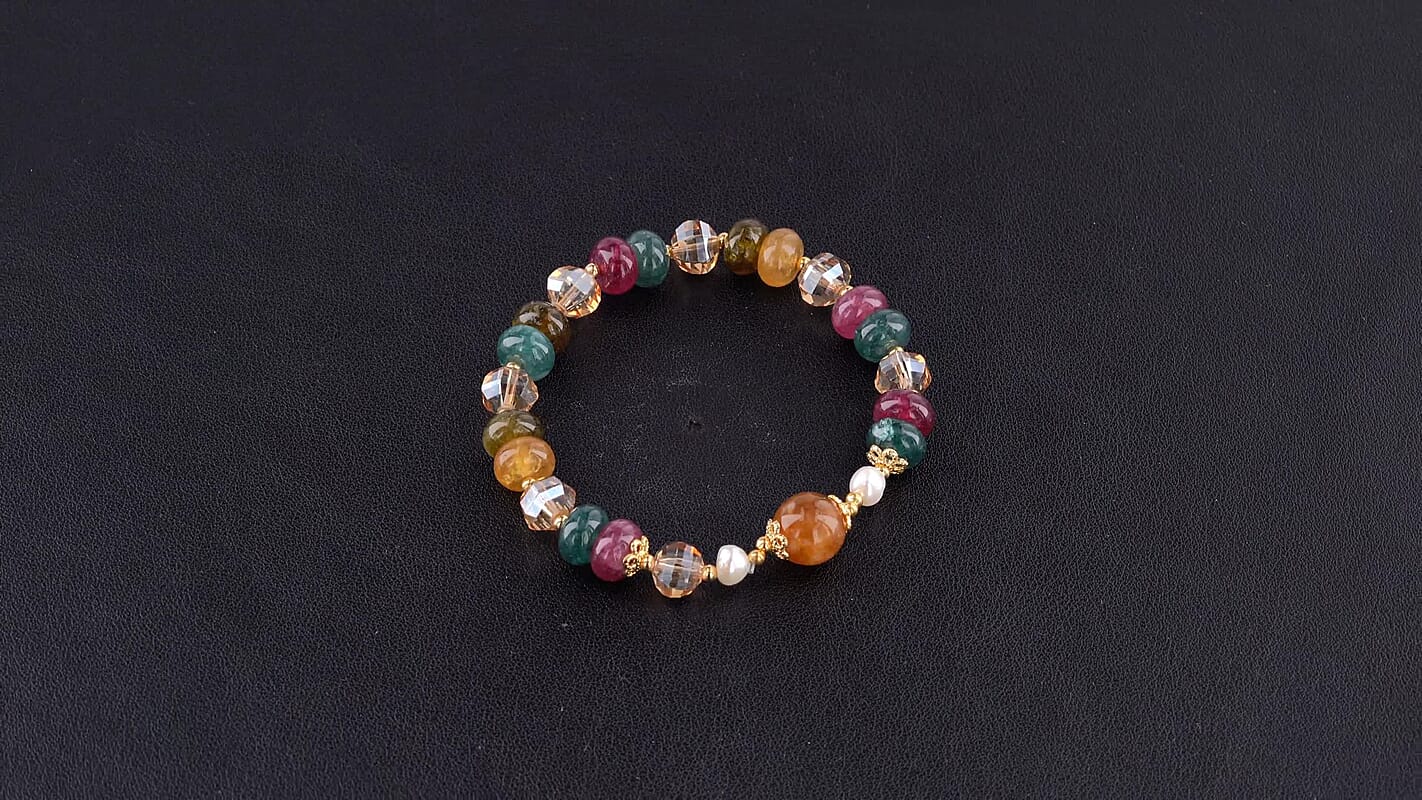 Multi-Tourmaline, Freshwater Pearl Bracelet in Goldtone (6.00-6.50In) 50.00 ctw