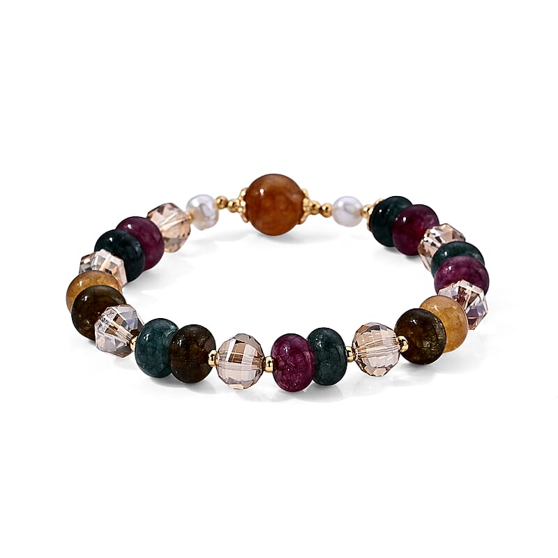 Multi-Tourmaline 50.00 ctw and Freshwater Pearl Bracelet in Goldtone (6.00-6.50In)