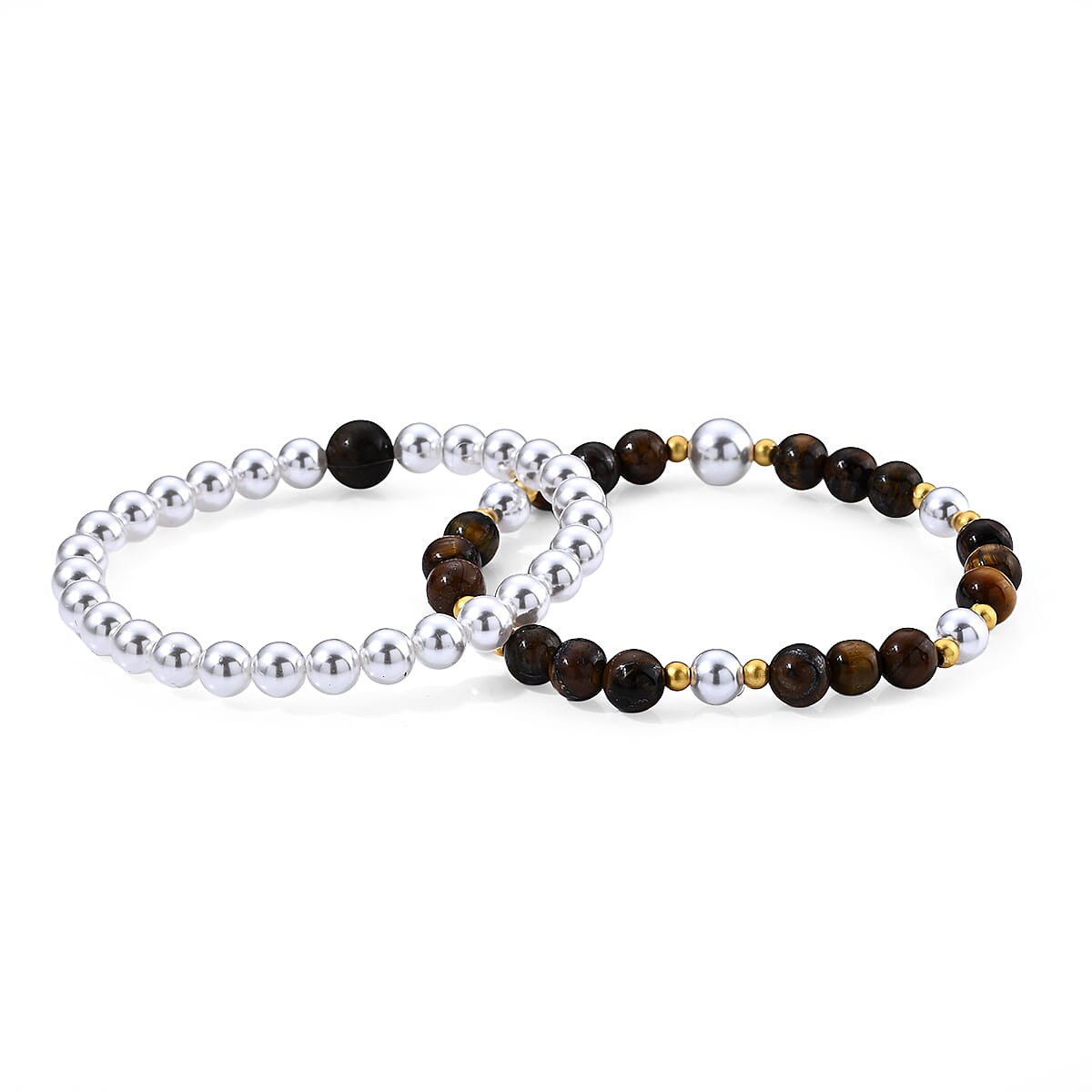 Set of - 2 Tigers Eye 40.00 ctw and Glass Bracelet in Goldtone (6.00-6.50In)