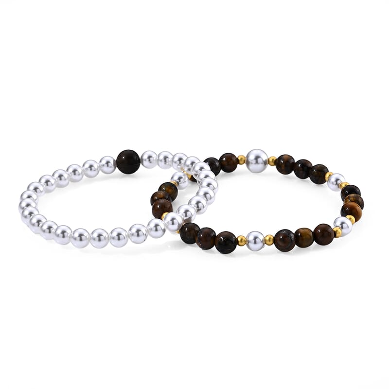 Set of - 2 Tigers Eye 40.00 ctw and Glass Bracelet in Goldtone (6.00-6.50In)