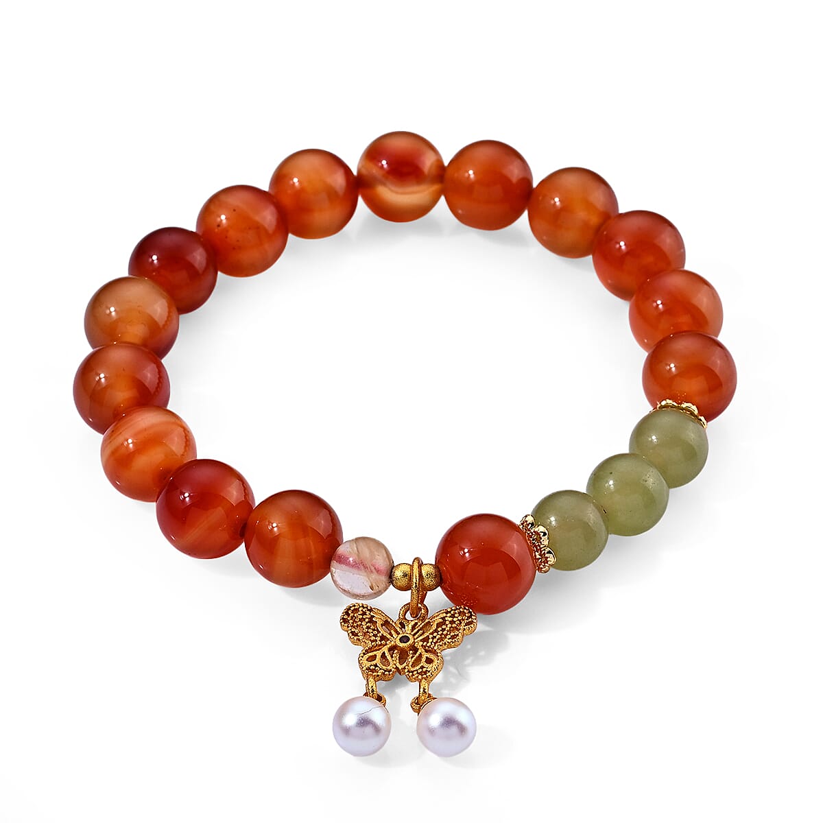 Red Agate and Green Jade 115.00 ctw Bracelet in Goldtone (6.00-6.50In)