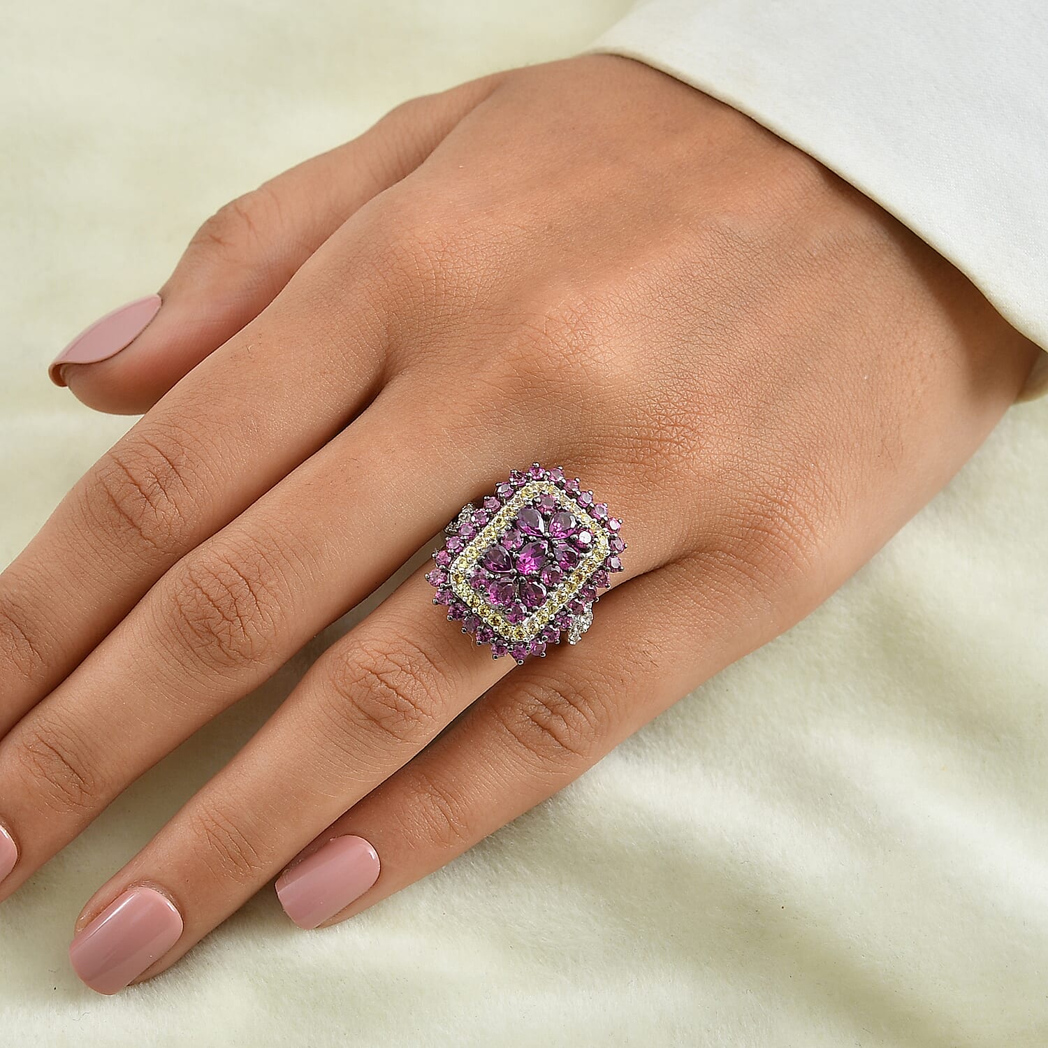 D'Joy Radiant Ember Garnet and Multi Gemstone 4.40 ctw Regal Bloom Ring in Rhodium Over Sterling Silver (Size 10.0)