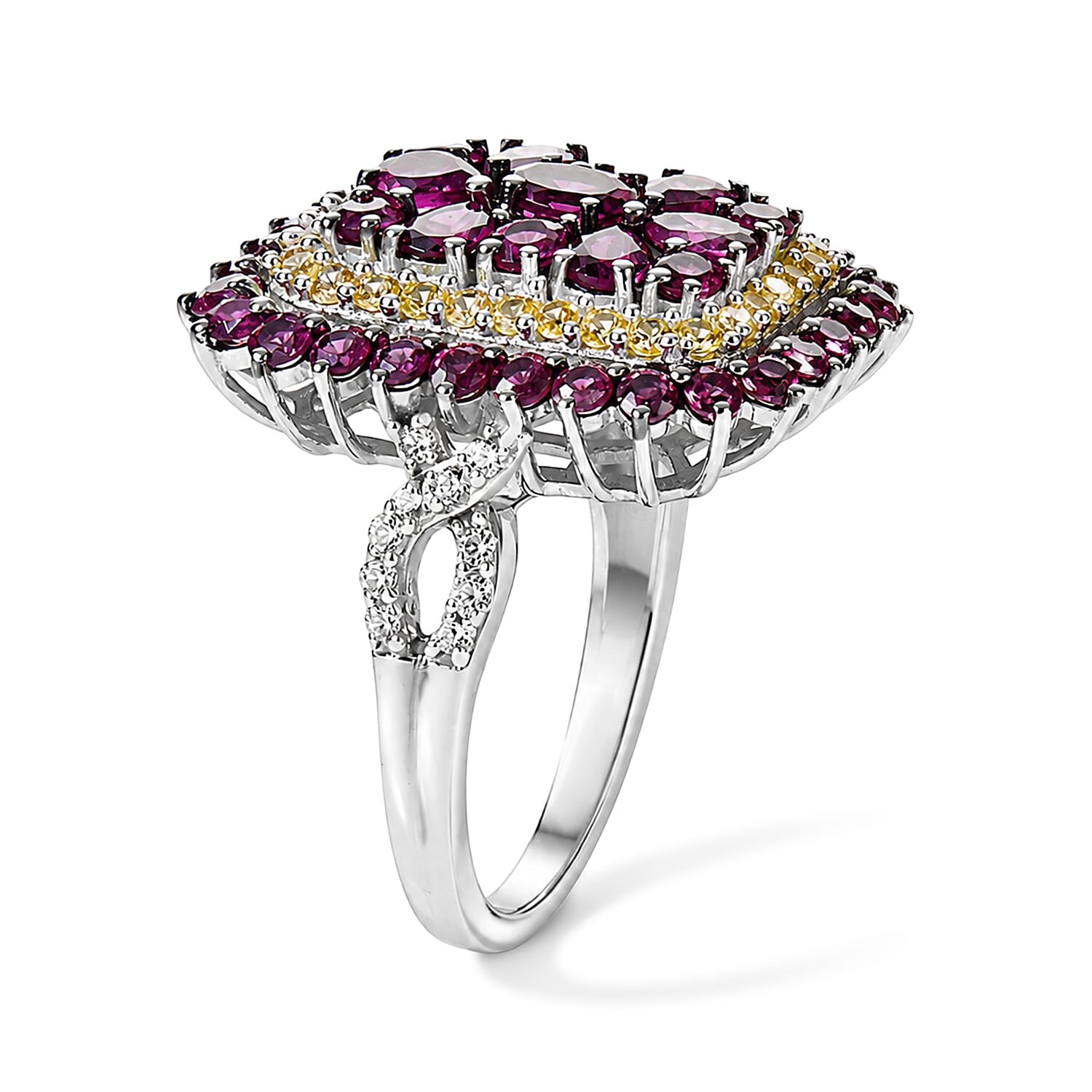 D'Joy Radiant Ember Garnet and Multi Gemstone 4.40 ctw Regal Bloom Ring in Rhodium Over Sterling Silver (Size 10.0)