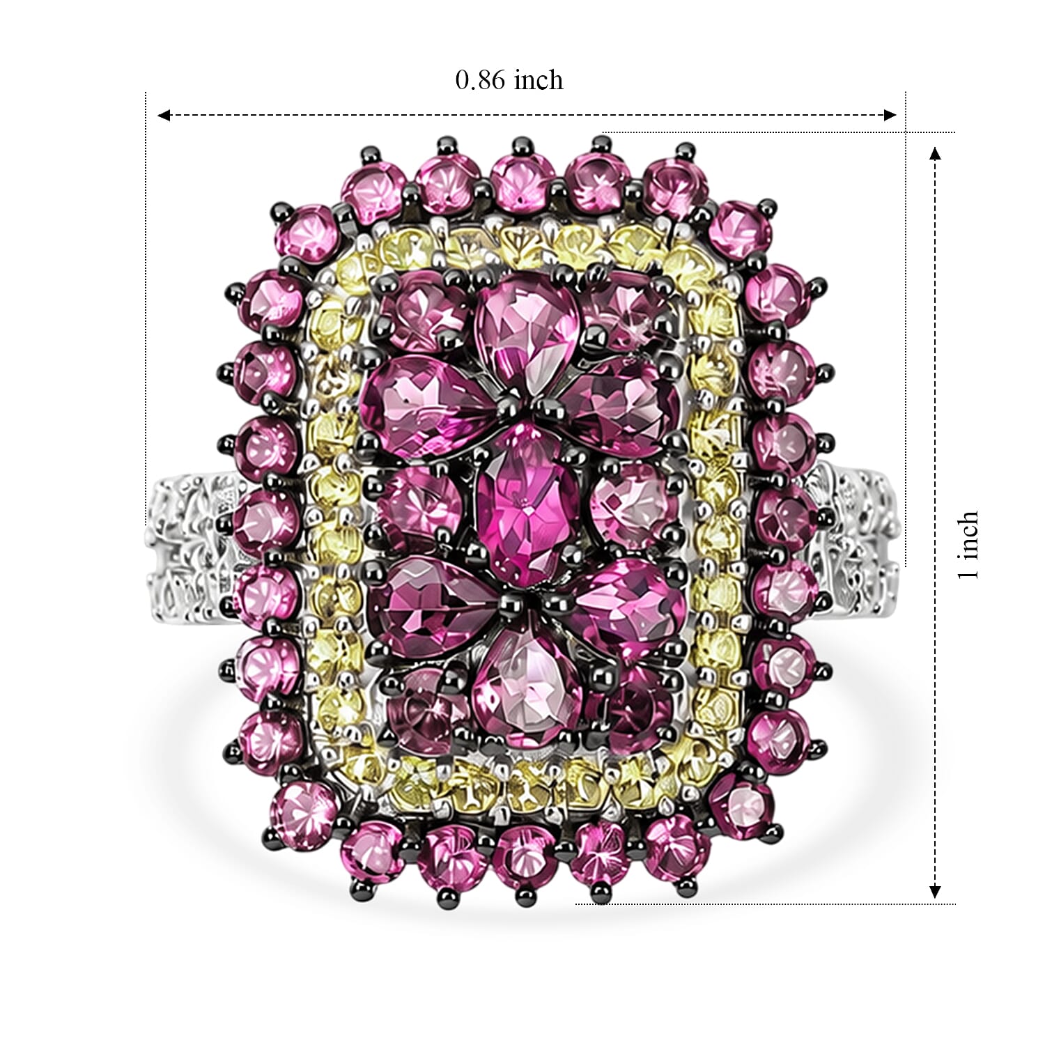 D'Joy Radiant Ember Garnet and Multi Gemstone 4.40 ctw Regal Bloom Ring in Rhodium Over Sterling Silver (Size 10.0)