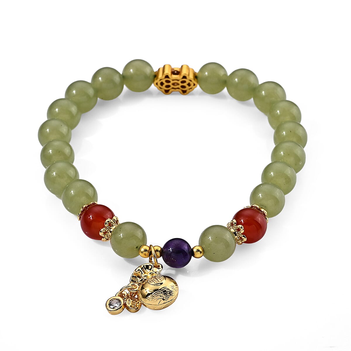 Green Jade and Red Agate 90.00 ctw Bracelet in Goldtone (6.00-6.50In)