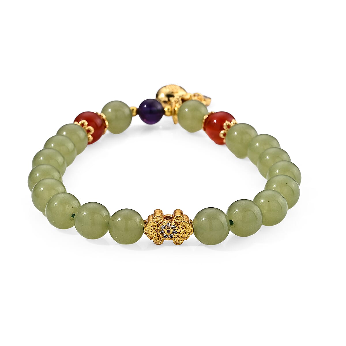 Green Jade and Red Agate 90.00 ctw Bracelet in Goldtone (6.00-6.50In)