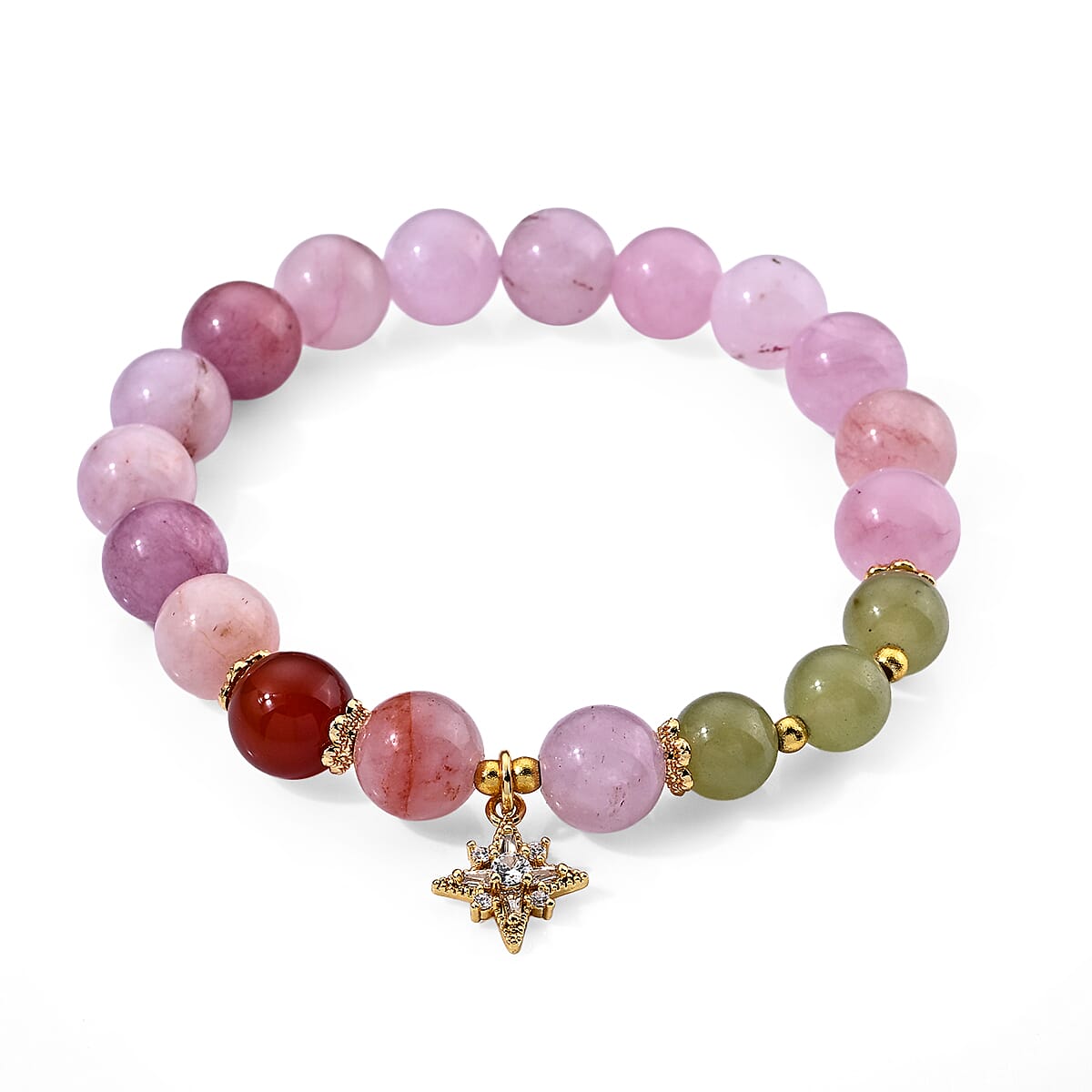 Green and Pink Jade 42.00 ctw Bracelet in Goldtone (6.00-6.50In)