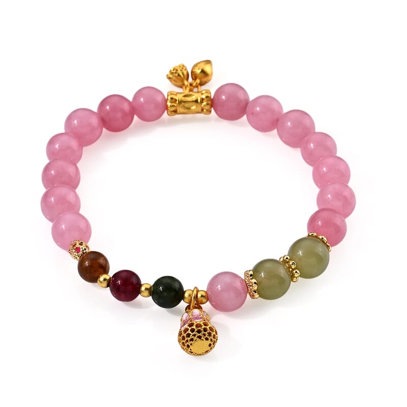 Green Jade 10.00 ctw and Austrian Pink Crystal Bracelet in Goldtone (6.00-6.50In)