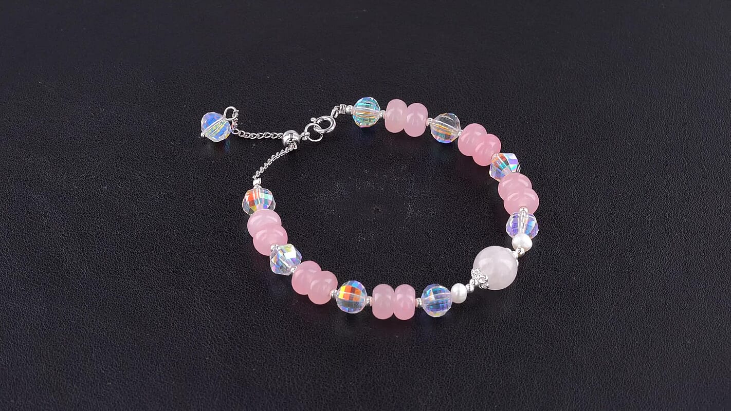 Austrian Pink Crystal, Freshwater Pearl Bracelet in Silvertone (6.00-8.00In)
