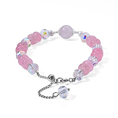 Austrian Pink Crystal and Freshwater Pearl Bracelet in Silvertone (6.00-8.00In)