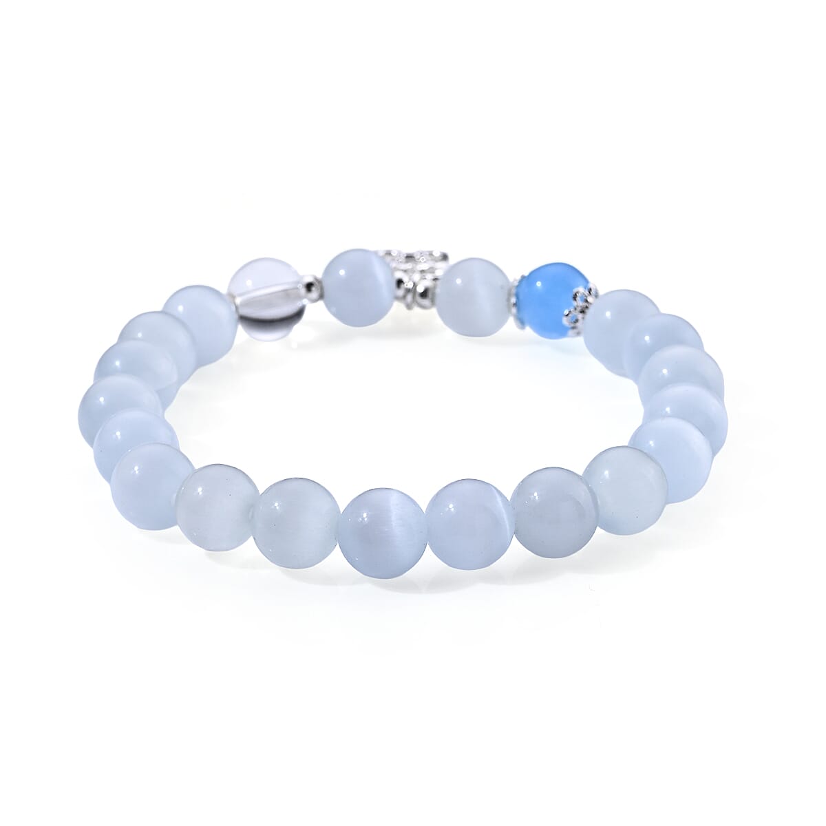 Lab Created Cat's Eye and Aquamarine 75.00 ctw Bracelet in Silvertone (6.00-6.50In)