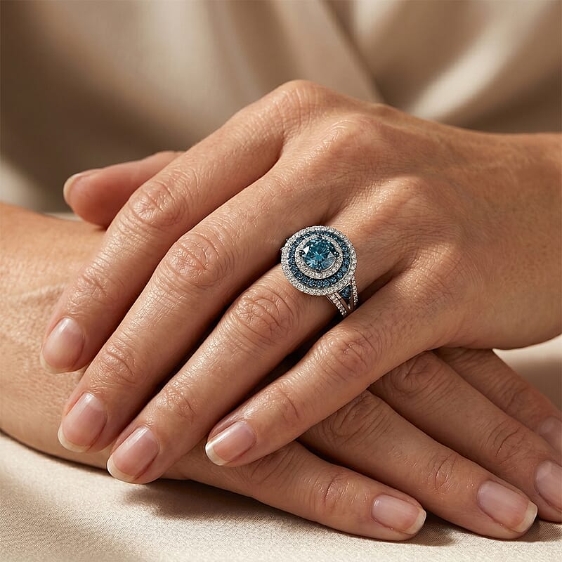 Luxuriant Lab Grown Blue Diamond IR and Lab Grown Diamond VS 2.00 ctw Ring in Rhodium Over Sterling Silver (Size 10.0)