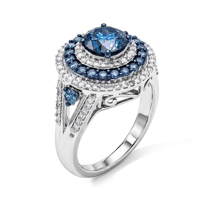 Luxuriant Lab Grown Blue Diamond IR and Lab Grown Diamond VS 2.00 ctw Ring in Rhodium Over Sterling Silver (Size 6.0)