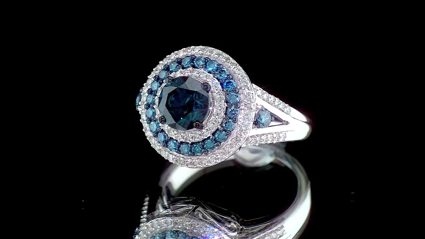TLV Luxuriant Lab Grown Blue Diamond (IR), Lab Grown Diamond (VS) Ring in Rhodium Over Sterling Silver (Size 6.0) 2.00 ctw