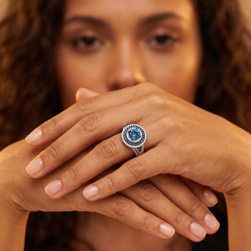 Luxuriant Lab Grown Blue Diamond IR and Lab Grown Diamond VS 2.00 ctw Ring in Rhodium Over Sterling Silver (Size 7.0)