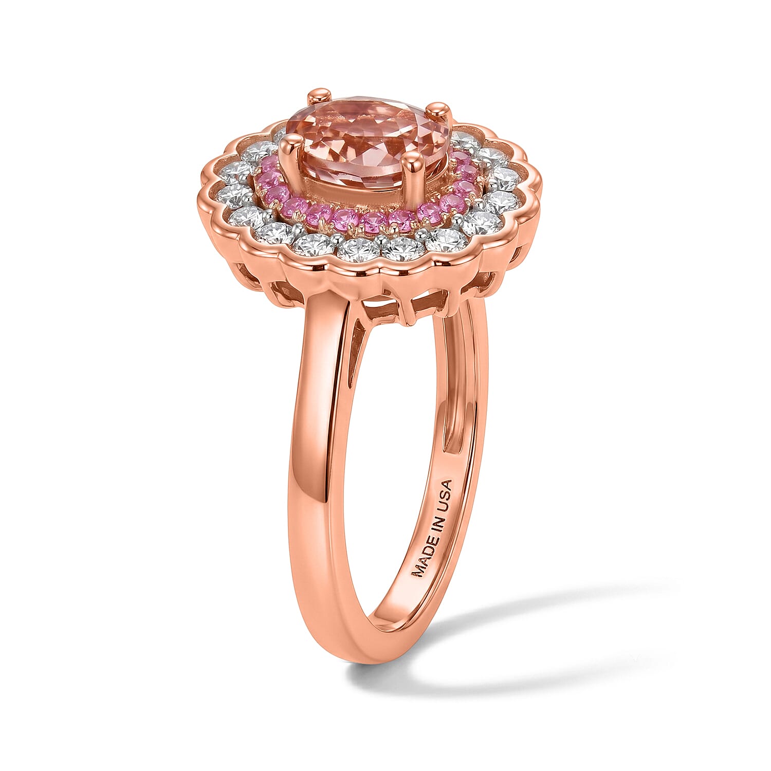 D'Joy Premium Blush Tourmaline and Multi Gemstone 1.50 ctw Blush Bloom Halo Ring in 18K Vermeil Rose Gold Over Sterling Silver (Size 5.0)