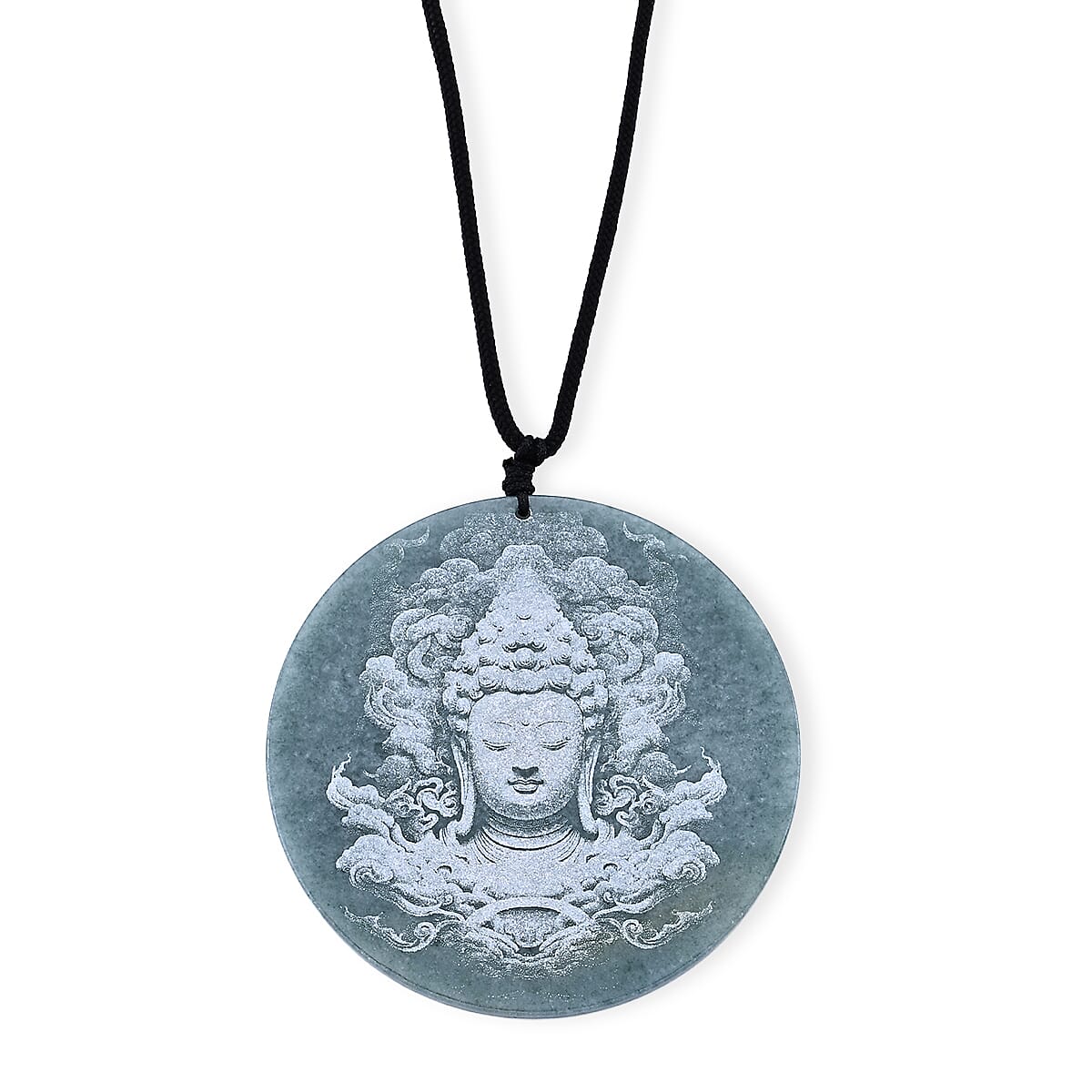 Natural Olmec Jadeite 100.00 ctw Buddha Black Cord Necklace (28 Inches)