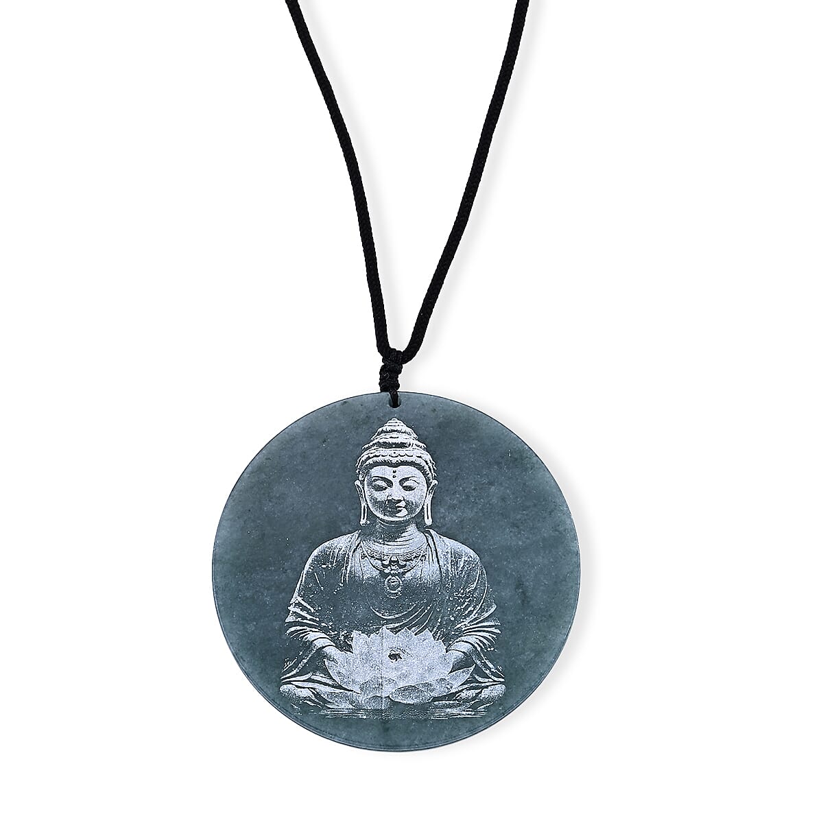 Natural Olmec Jadeite 110.00 ctw Buddha Black Cord Necklace (28 Inches)