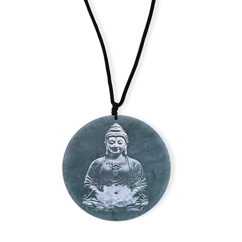 Natural Olmec Jadeite 110.00 ctw Buddha Black Cord Necklace (28 Inches)