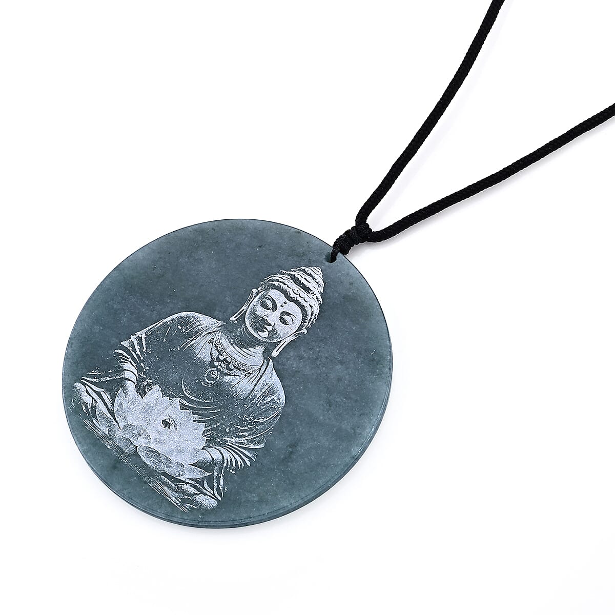 Natural Olmec Jadeite 110.00 ctw Buddha Black Cord Necklace (28 Inches)