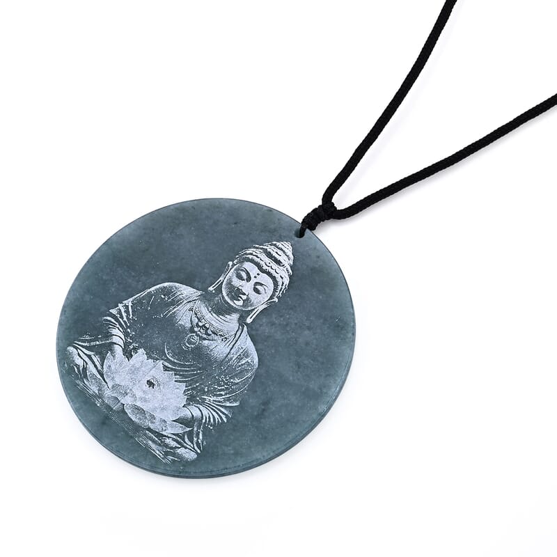 Natural Olmec Jadeite 110.00 ctw Buddha Black Cord Necklace (28 Inches)