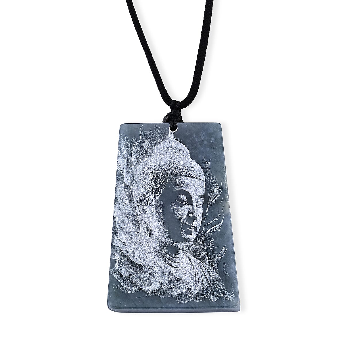 Natural Olmec Jadeite 120.00 ctw Buddha Black Cord Necklace (28 Inches)