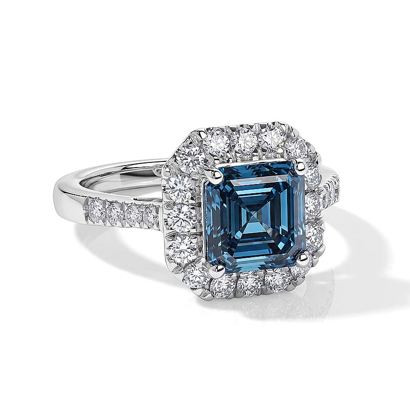 Luxuriant Lab Grown Blue Diamond (IR) and Lab Grown Diamond VS 2.50 ctw Halo Ring in 950 Platinum (Size  5.0)  6 Grams