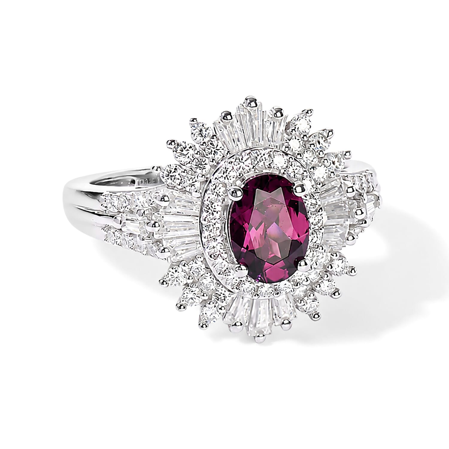 D'Joy AAA Radiant Ember Garnet and Moissanite 1.85 ctw Imperial Sunburst Ring in Rhodium Over Sterling Silver (Size 10.0)
