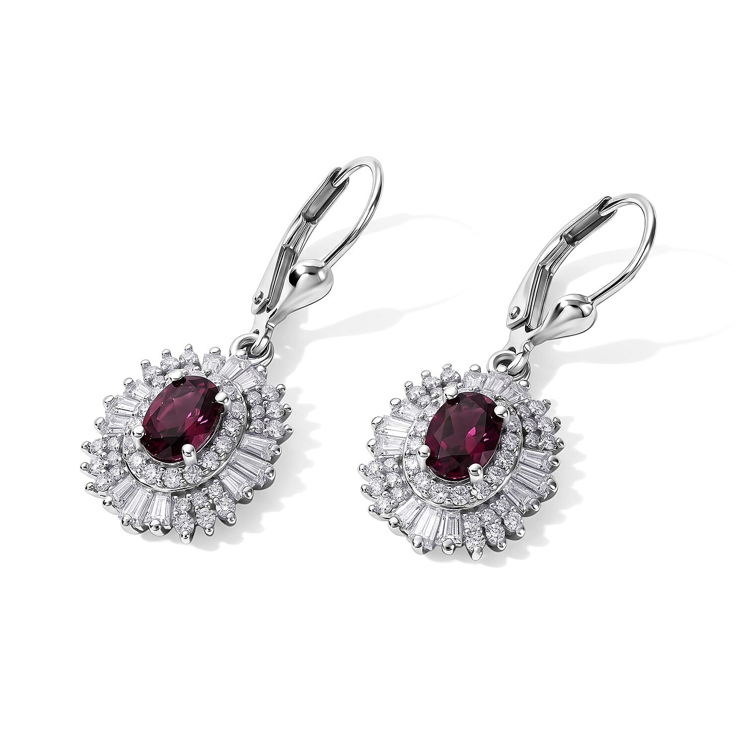 D'Joy AAA Radiant Ember Garnet and Moissanite 2.50 ctw Imperial Sunburst Earrings in Rhodium Over Sterling Silver