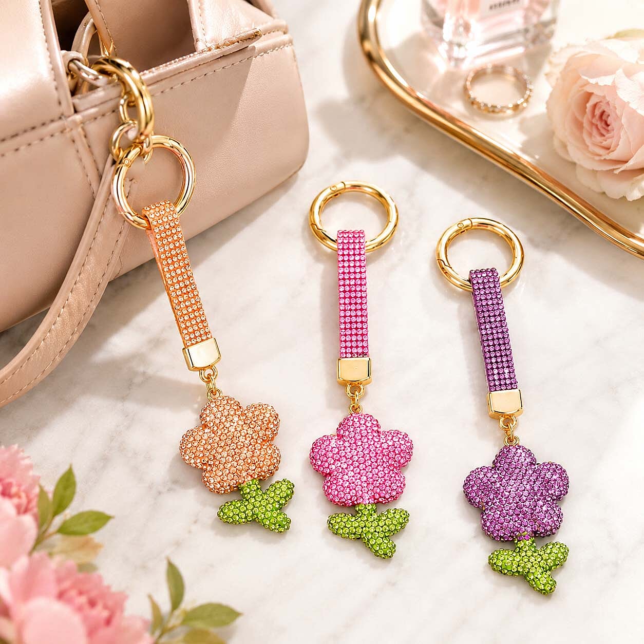 Livmore Pink, Gold and Purple Floral 3pcs Set Crystal Keyring