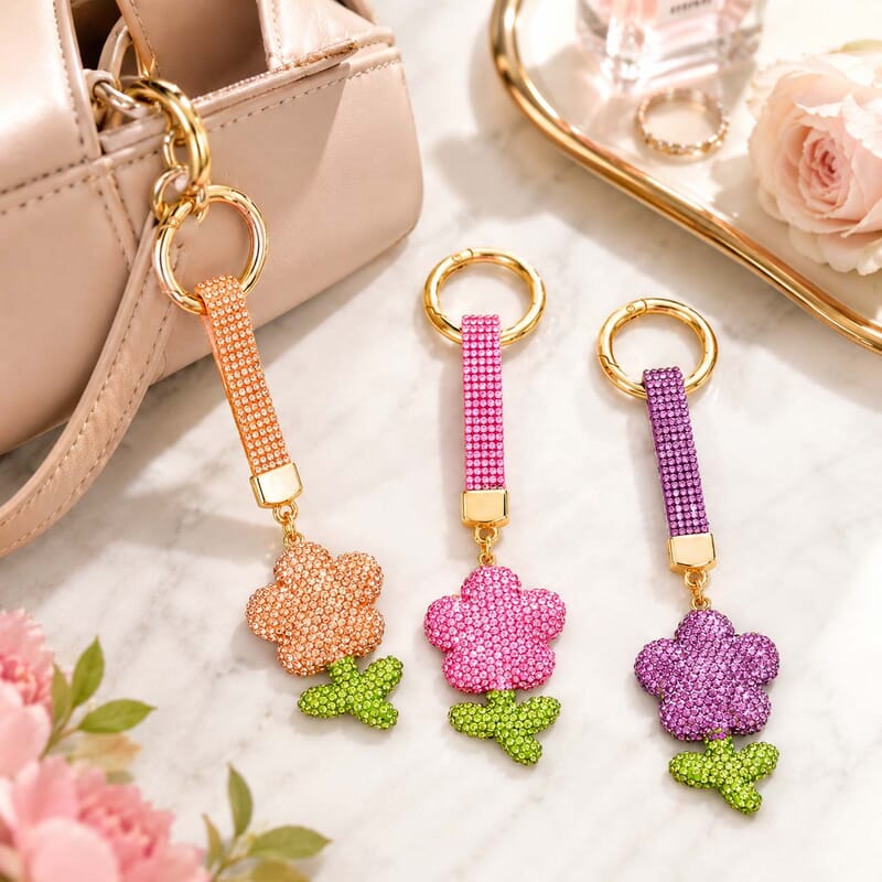 Livmore Pink, Gold and Purple Floral 3pcs Set Crystal Keyring