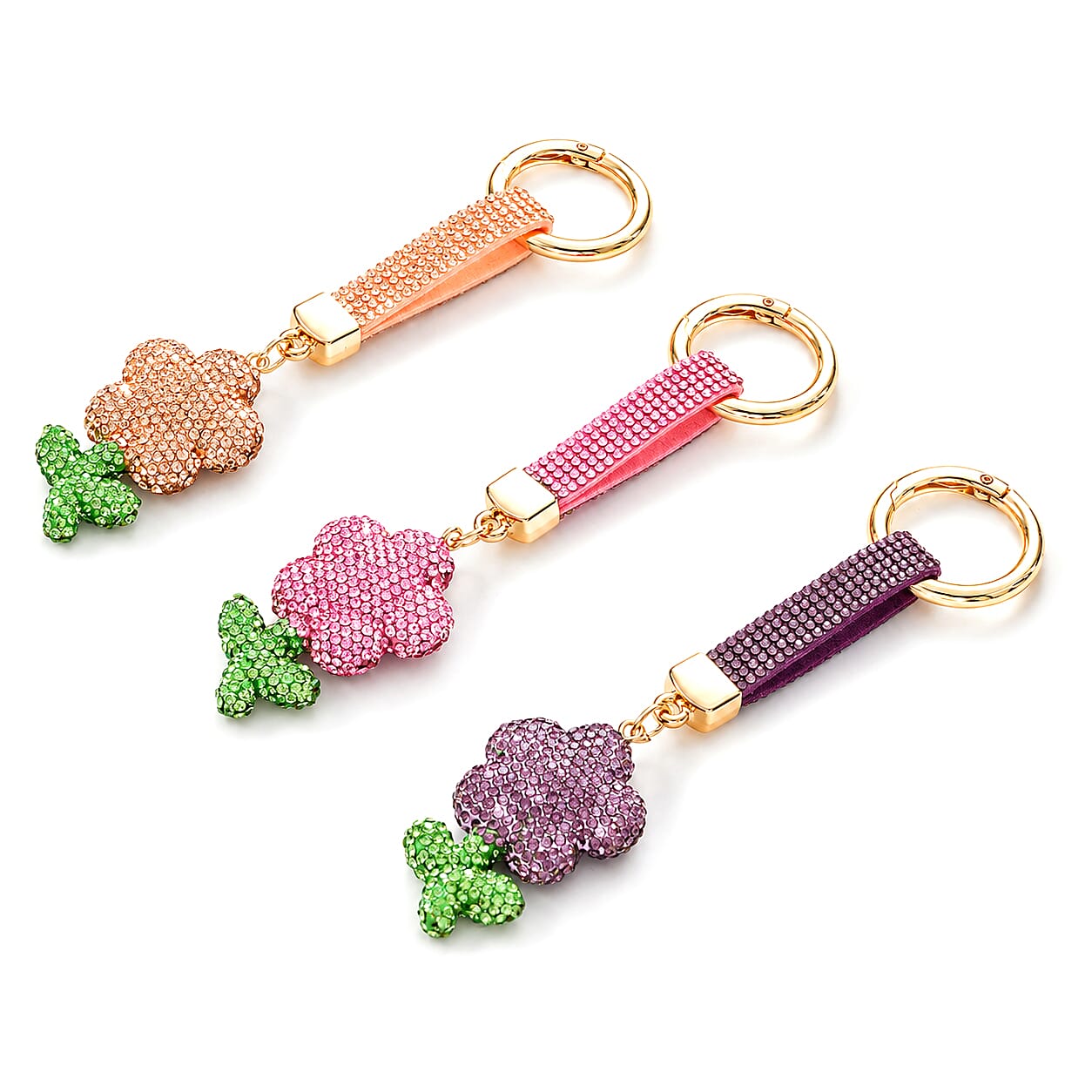 Livmore Pink, Gold and Purple Floral 3pcs Set Crystal Keyring