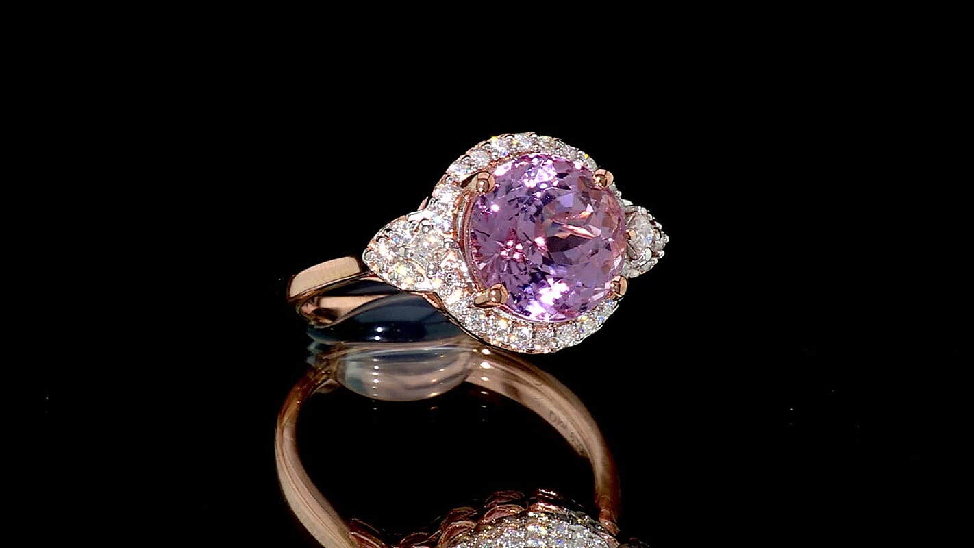 D'Joy Premium Martha Rocha Kunzite, Moissanite Ring in 18K Vermeil RG Over Sterling Silver (Size 10.0) 5.30 ctw