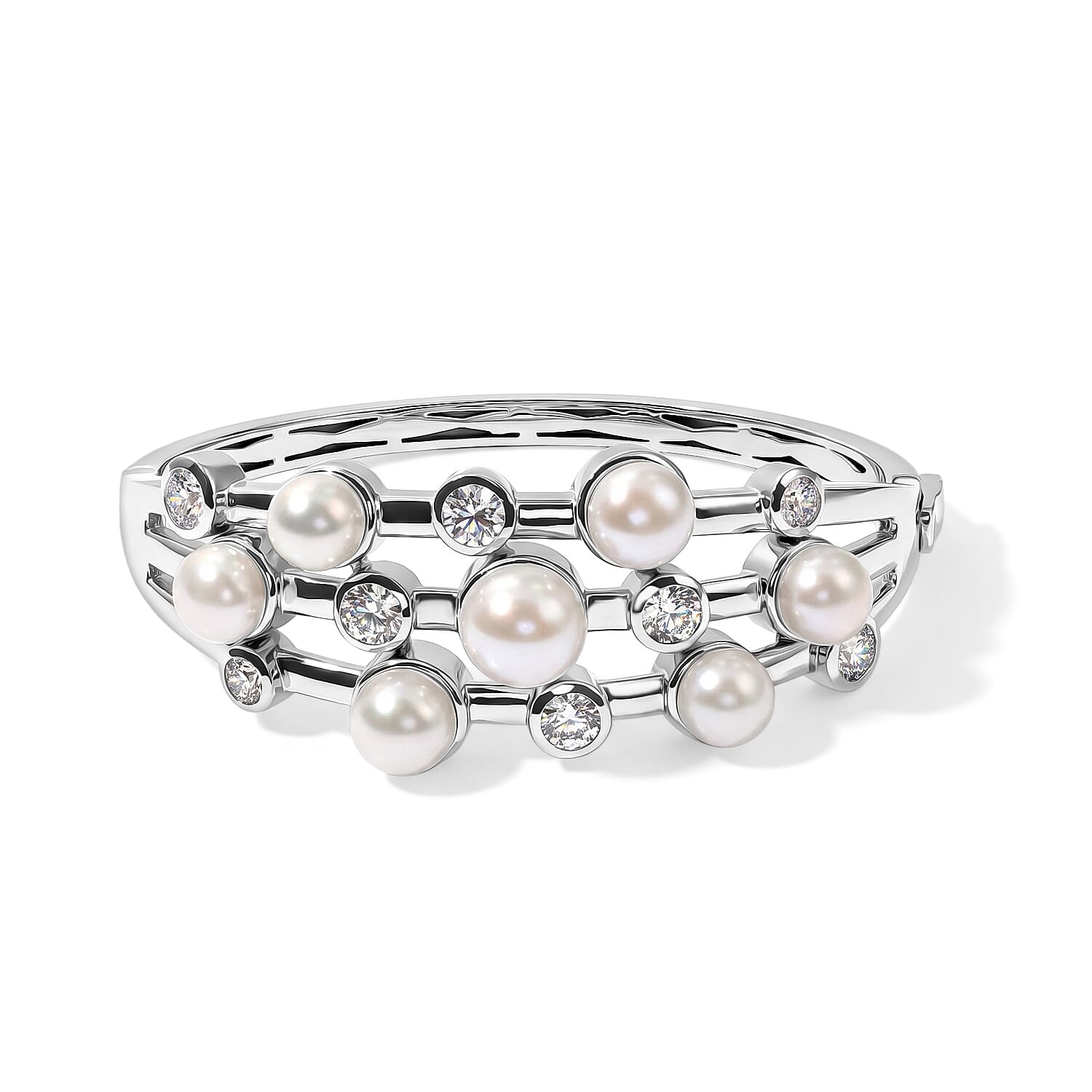 EverTrue Freshwater Pearl and White Topaz 4.15 ctw Bangle Bracelet in Platinum Bond (6.50 In)