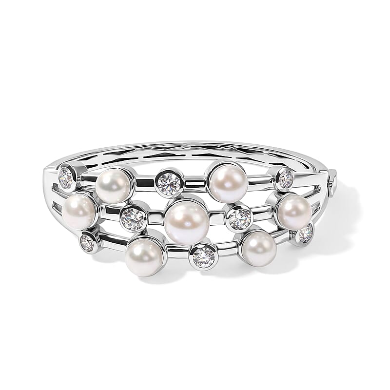 EverTrue Freshwater Pearl and White Topaz 4.15 ctw Bangle Bracelet in Platinum Bond (7.25 In)