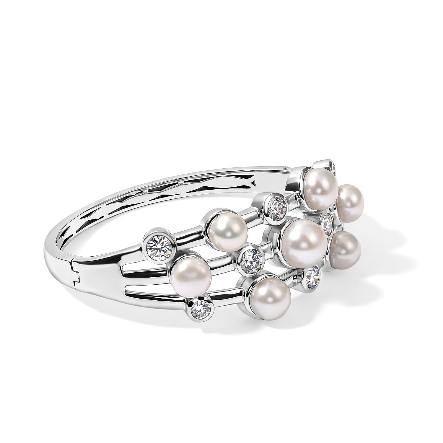 EverTrue Freshwater Pearl and White Topaz 4.15 ctw Bangle Bracelet in Platinum Bond (7.25 In)