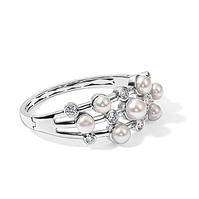 EverTrue Freshwater Pearl and White Topaz 4.15 ctw Bangle Bracelet in Platinum Bond (7.25 In)
