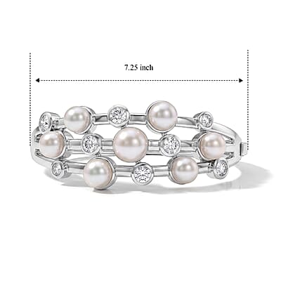 EverTrue Freshwater Pearl and White Topaz 4.15 ctw Bangle Bracelet in Platinum Bond (7.25 In)