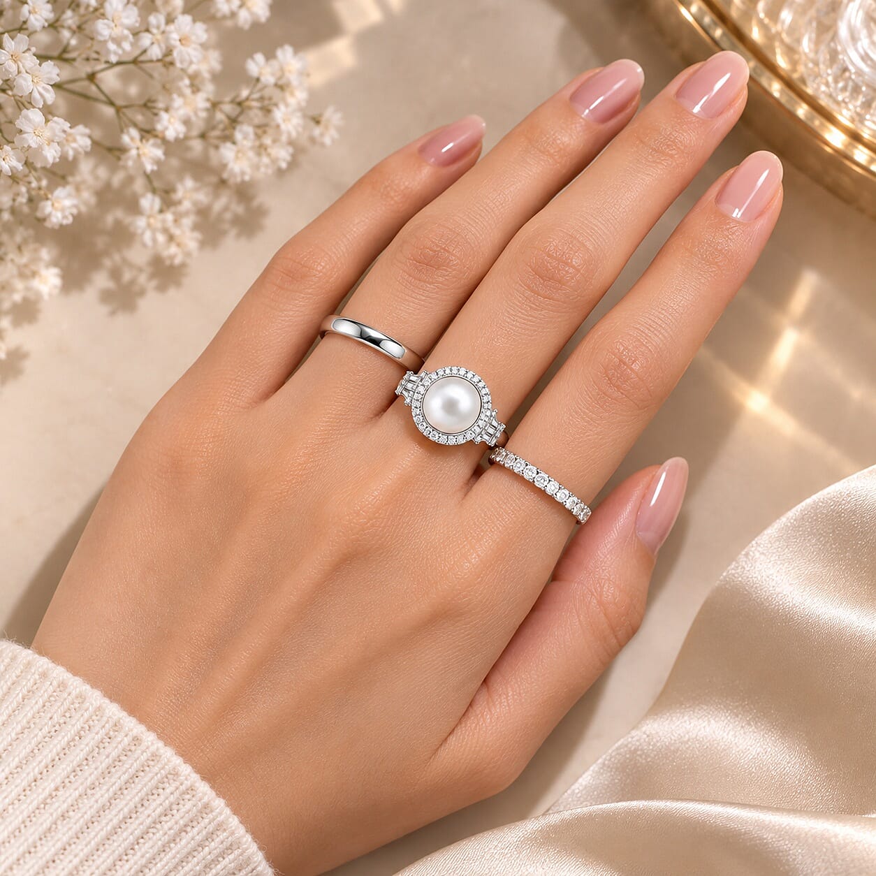 EverTrue Freshwater Pearl and Moissanite 0.35 ctw Ring in Platinum Bond (Size 5.0)