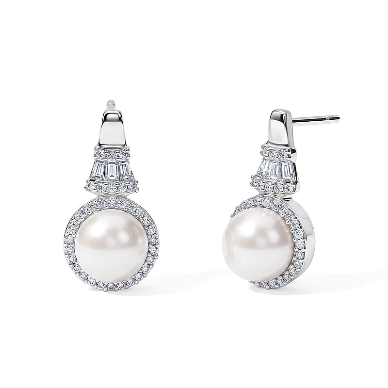 EverTrue Freshwater Pearl and Moissanite 0.45 ctw Earrings in Platinum Bond