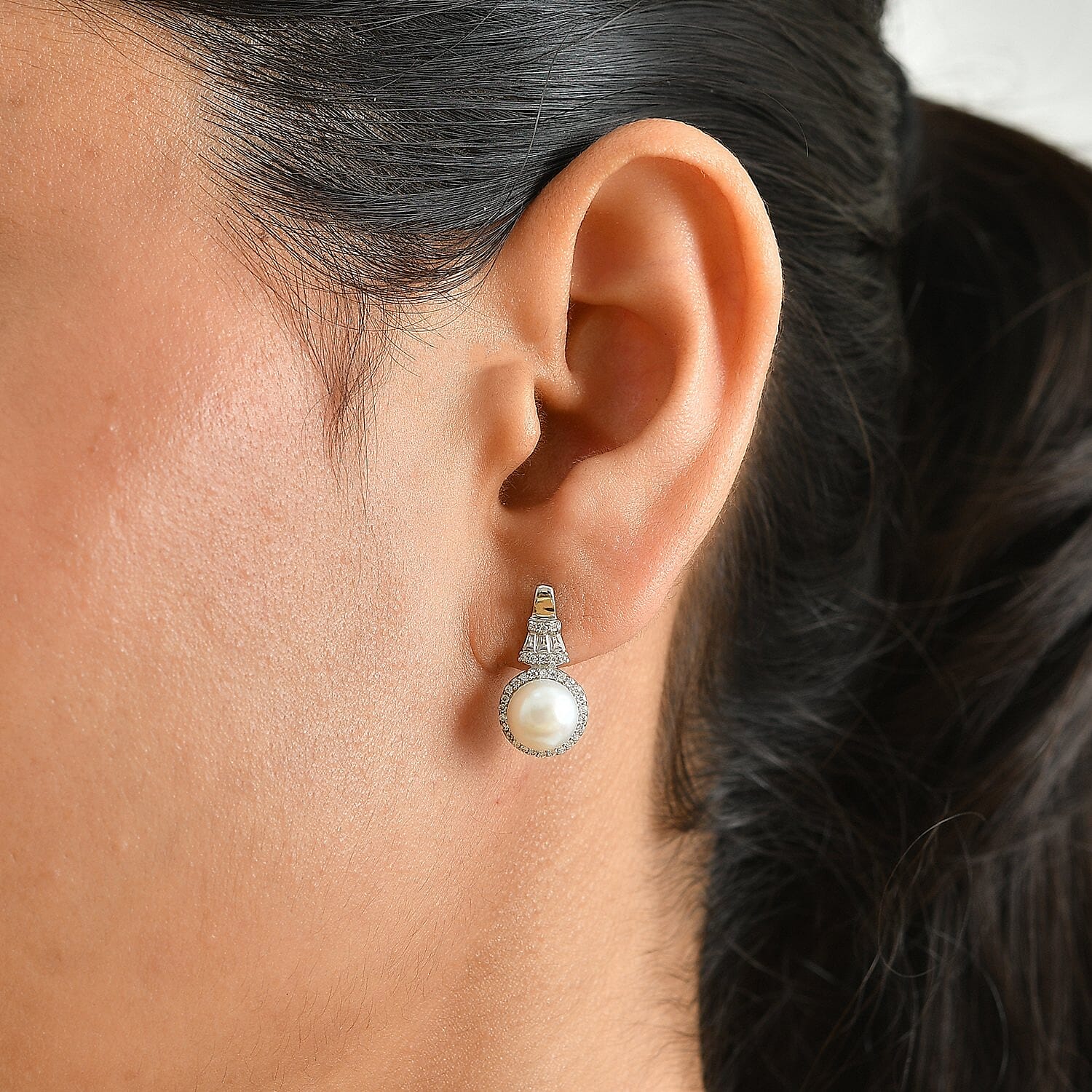 EverTrue Freshwater Pearl and Moissanite 0.45 ctw Earrings in Platinum Bond