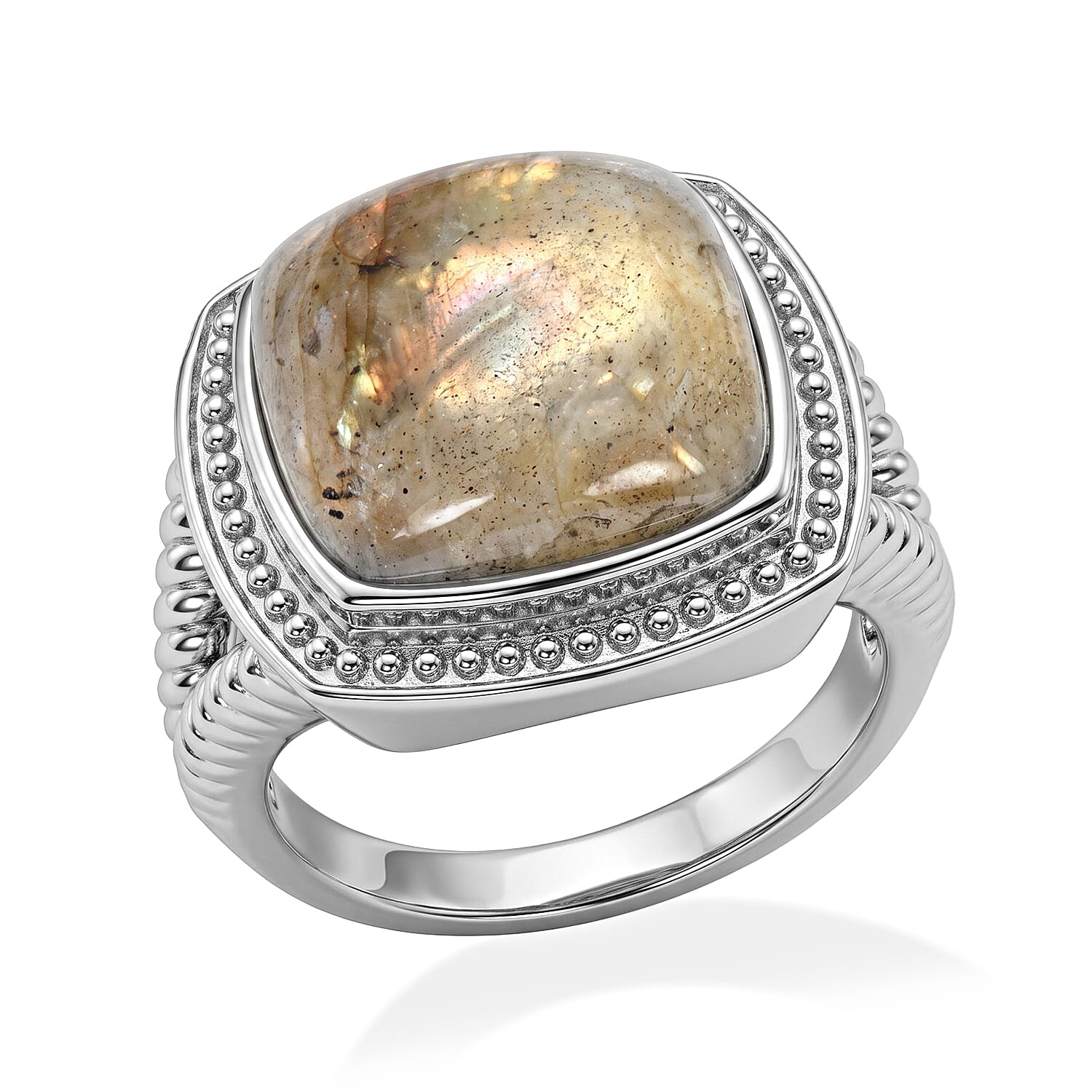 EverTrue Madagascar Fire Labradorite 12.00 ctw Solitaire Ring in Stainless Steel (Size 6.0)