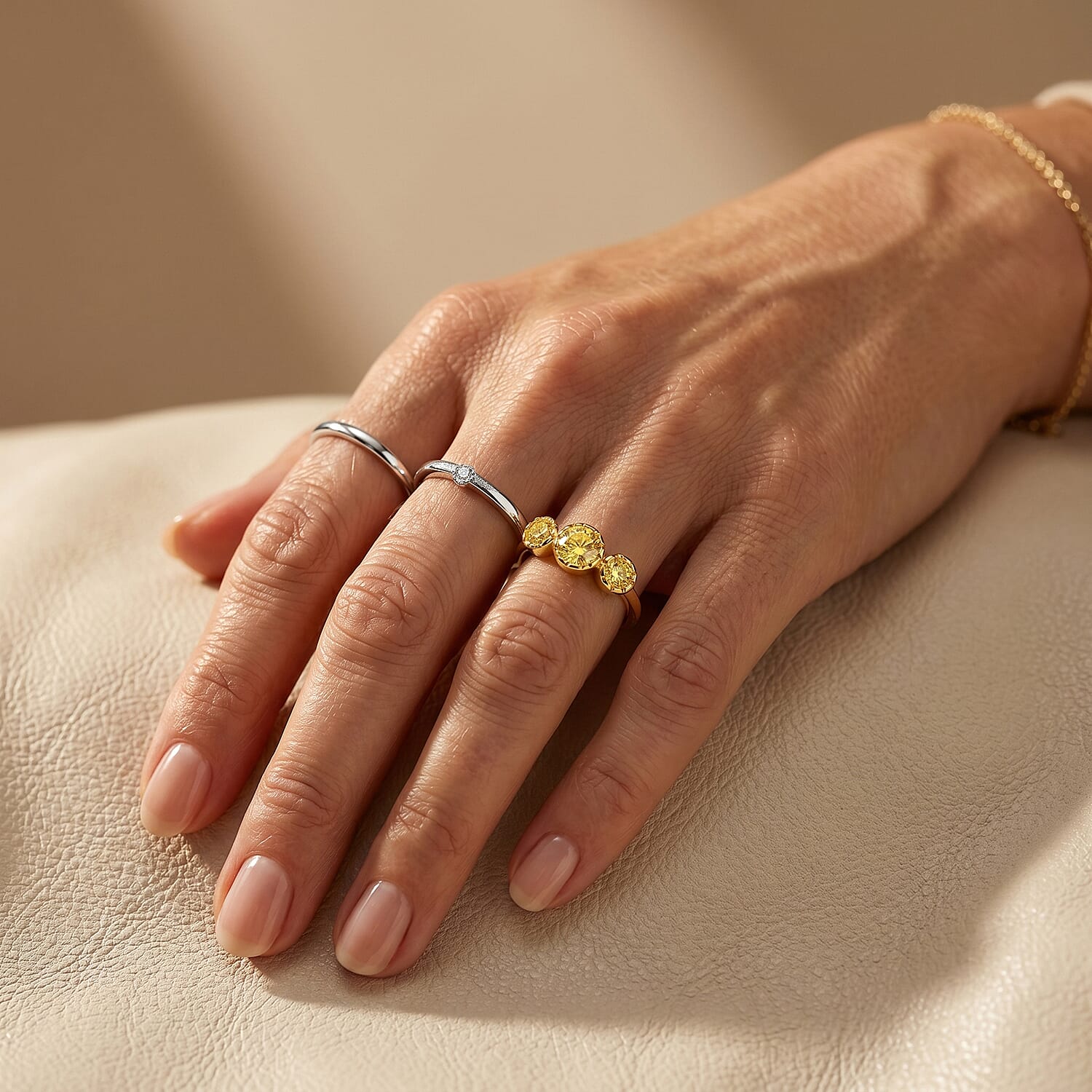Simulated Yellow Diamond 0.58 ctw 3 Stone Ring in 14K Yellow Gold Over Sterling Silver (Size 9.0)